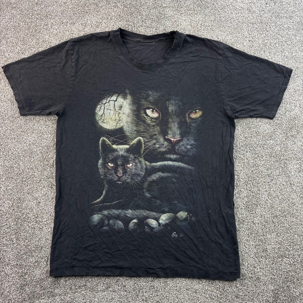 Vintage Black Cat Shirt Mens XL Black Cotton Moon Goth Halloween Witch